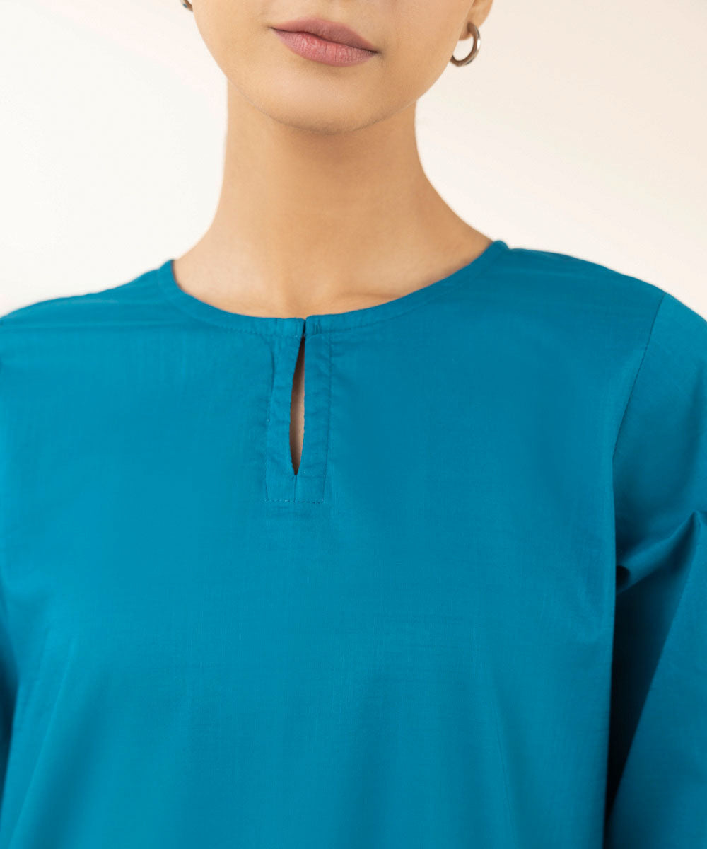 Women's Pret Cross Hatch Solid Blue A-Line Shirt