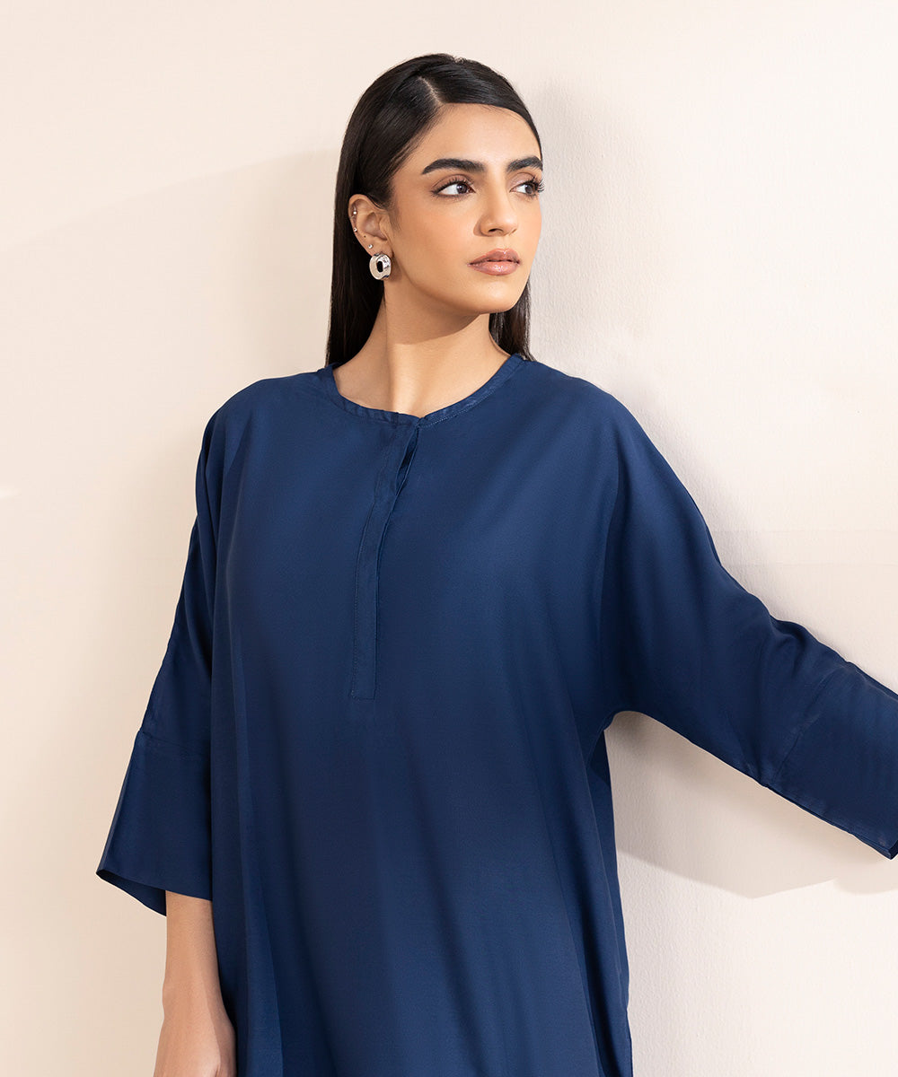 Women's Pret Arabic Lawn Blue Solid Drop Shoulder Shirt