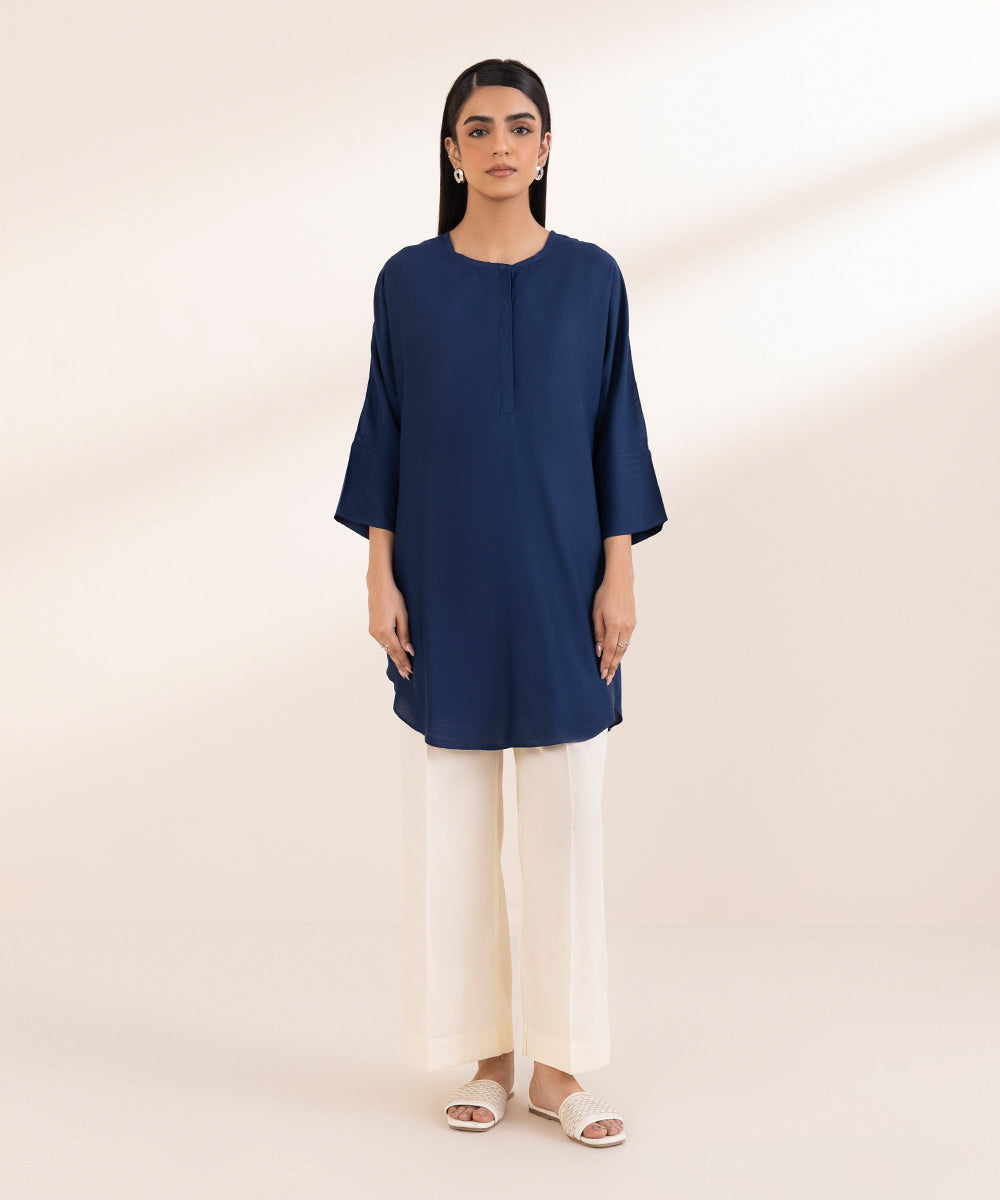 Women's Pret Arabic Lawn Blue Solid Drop Shoulder Shirt