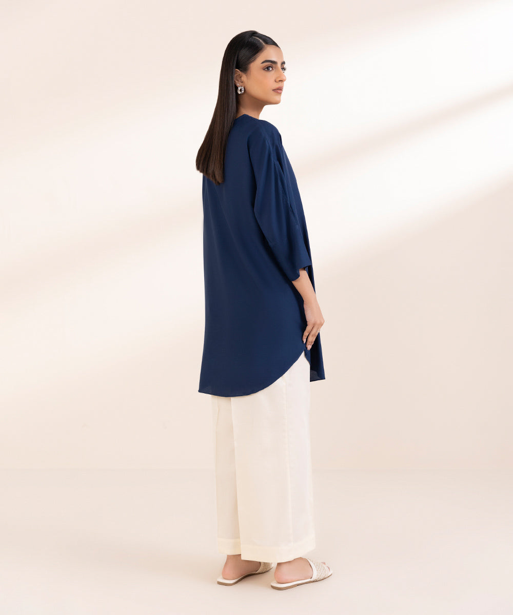 Women's Pret Arabic Lawn Blue Solid Drop Shoulder Shirt