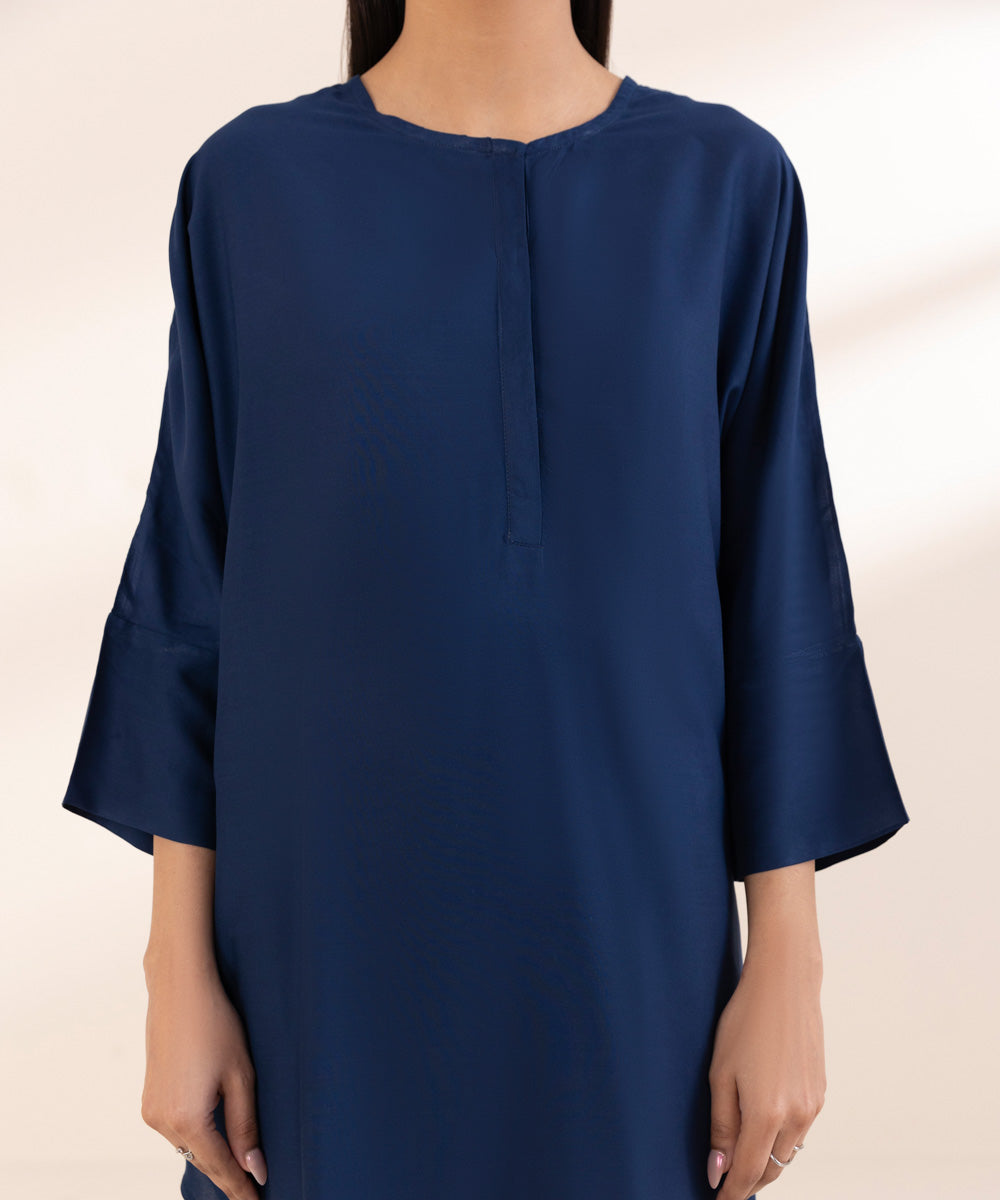 Women's Pret Arabic Lawn Blue Solid Drop Shoulder Shirt