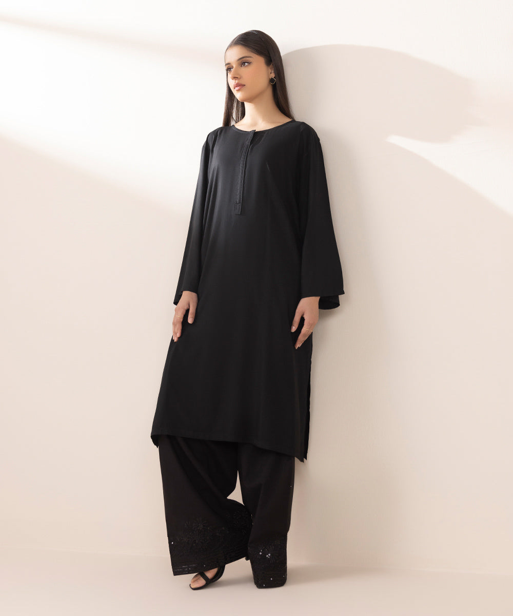 Women's Pret Arabic Lawn Black Solid A-Line Shirt