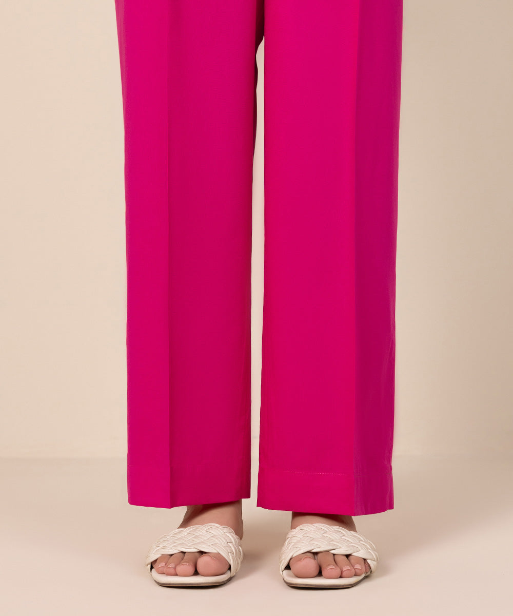 Women's Pret Cotton Viscose Pink Solid Straight Pants