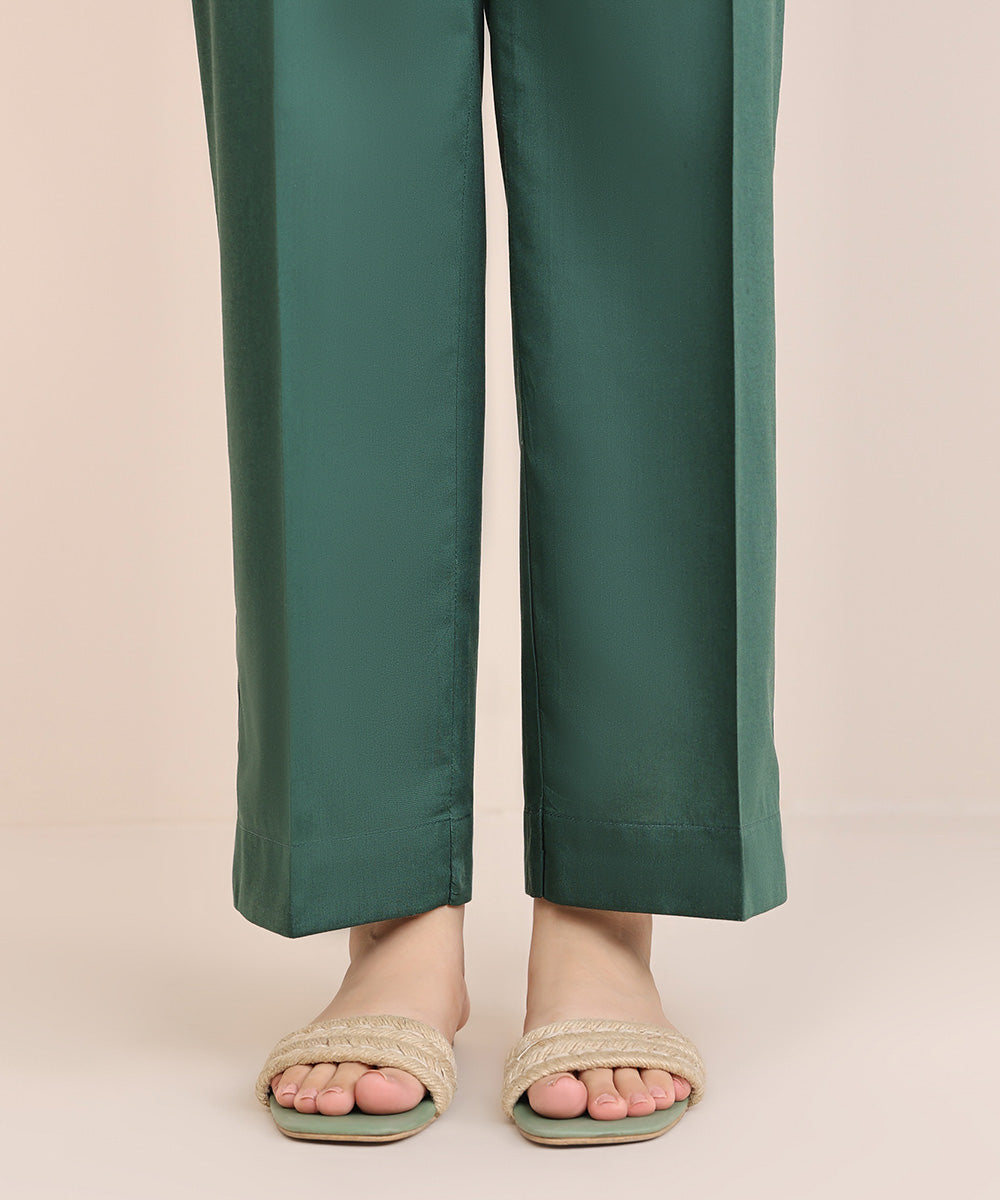 Women's Pret Cotton Viscose Green Solid Straight Pants