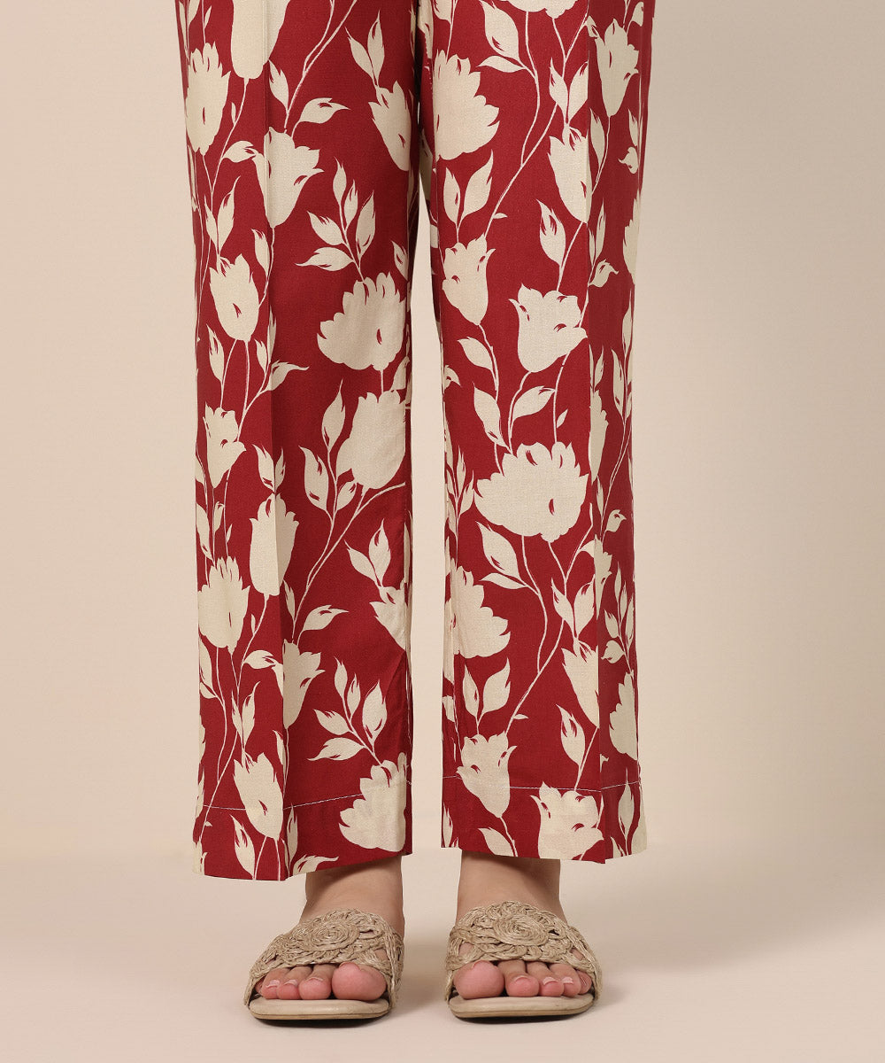 Women's Pret Cotton Viscose Red Printed Straight Pants