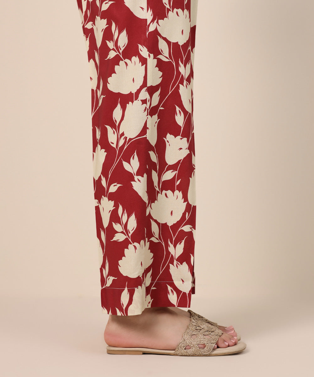 Women's Pret Cotton Viscose Red Printed Straight Pants