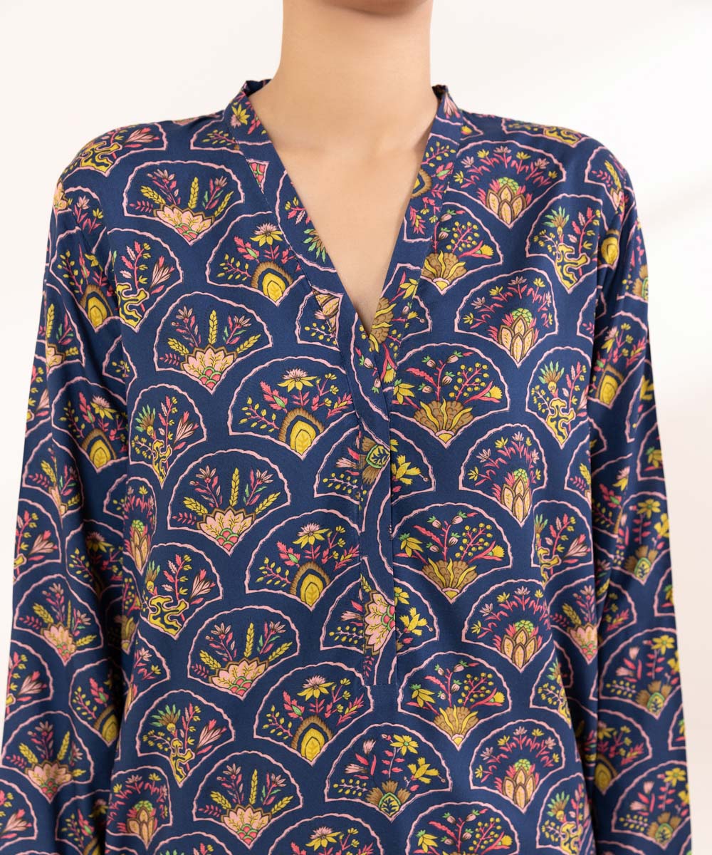 Women's Pret Arabic Lawn Printed Blue Straight Shirt