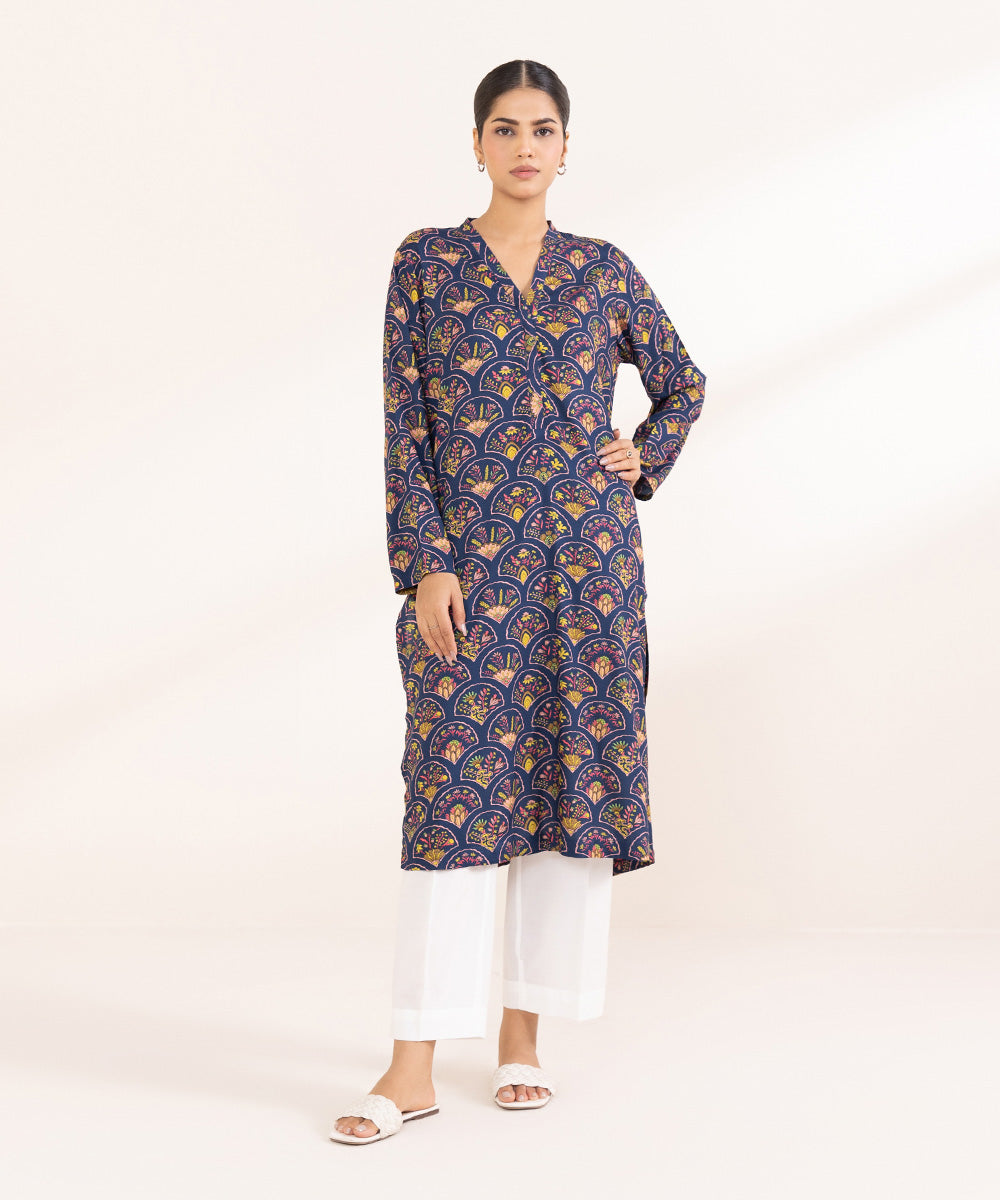 Women's Pret Arabic Lawn Printed Blue Straight Shirt