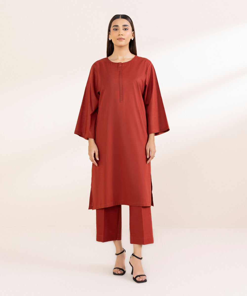 Women's Pret Khaddar Red Solid A-Line Shirt