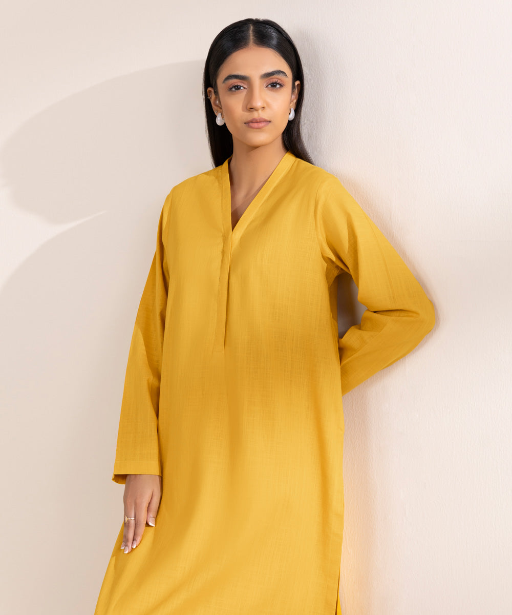 Women's Pret Khaddar Yellow Solid A-Line Shirt