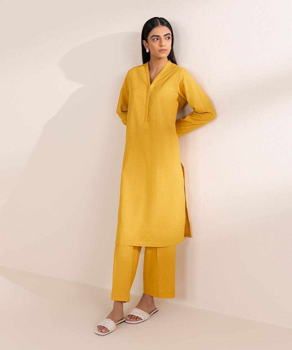 Women's Pret Khaddar Yellow Solid A-Line Shirt