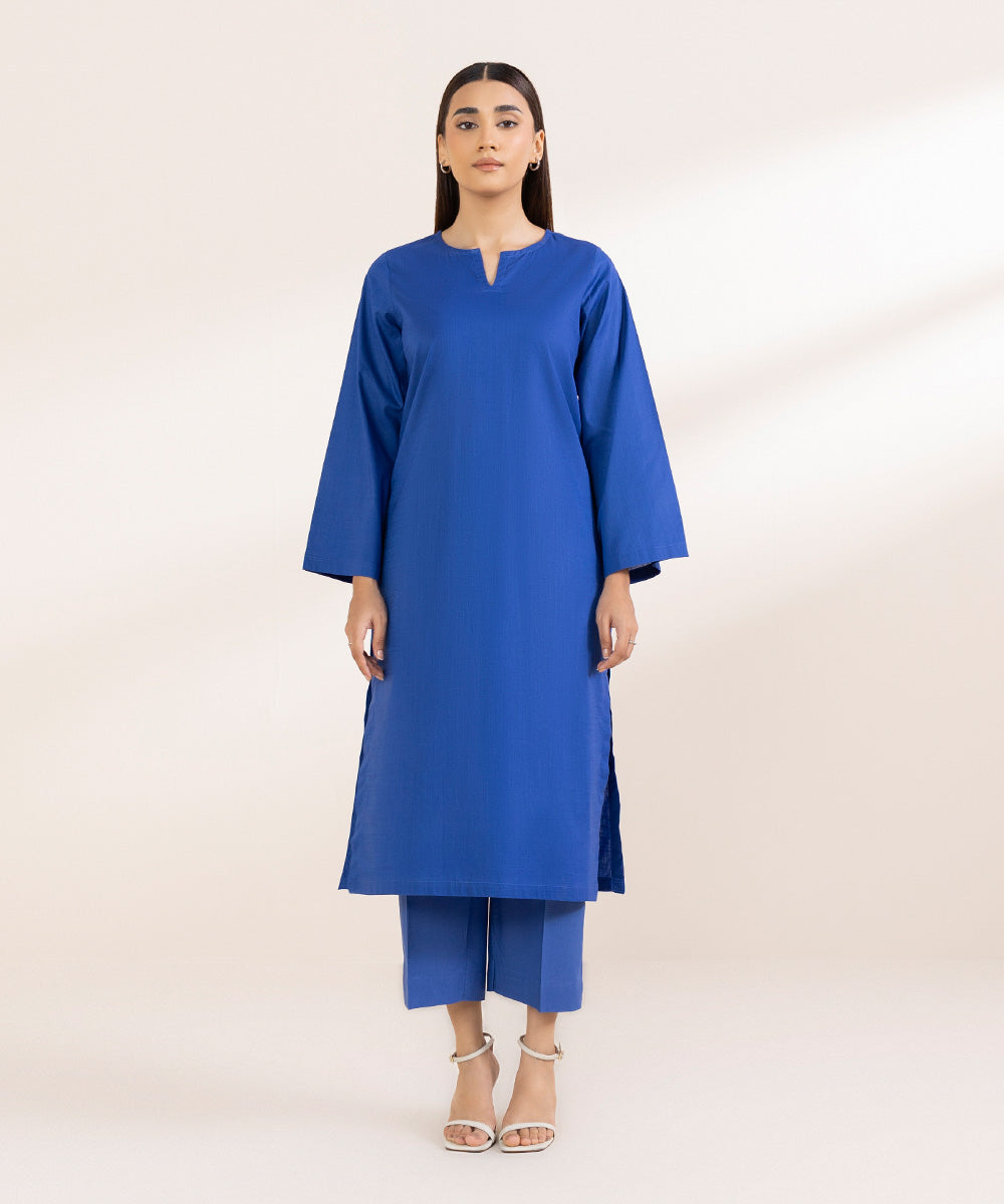 Women's Pret Khaddar Blue Solid Straight Shirt