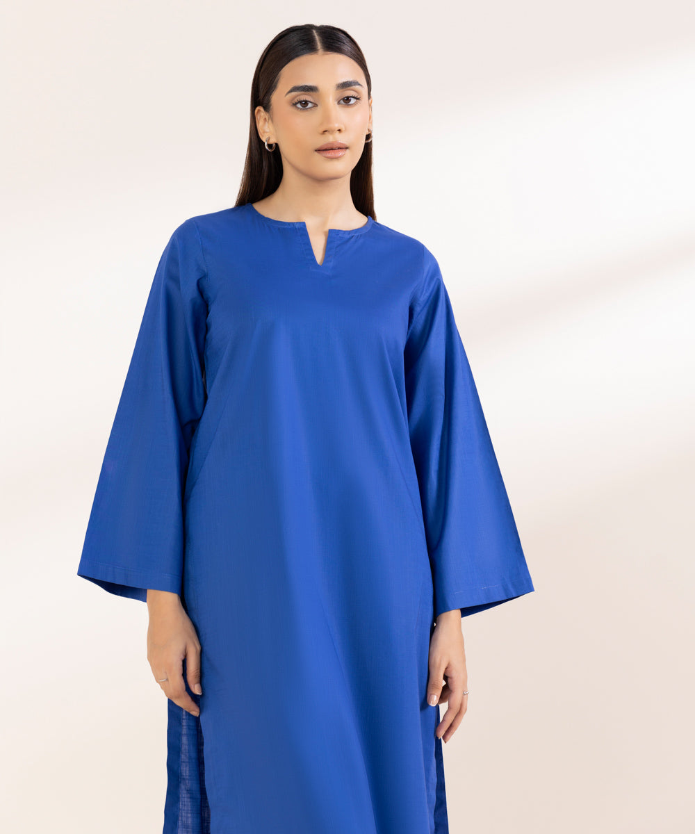 Women's Pret Khaddar Blue Solid Straight Shirt