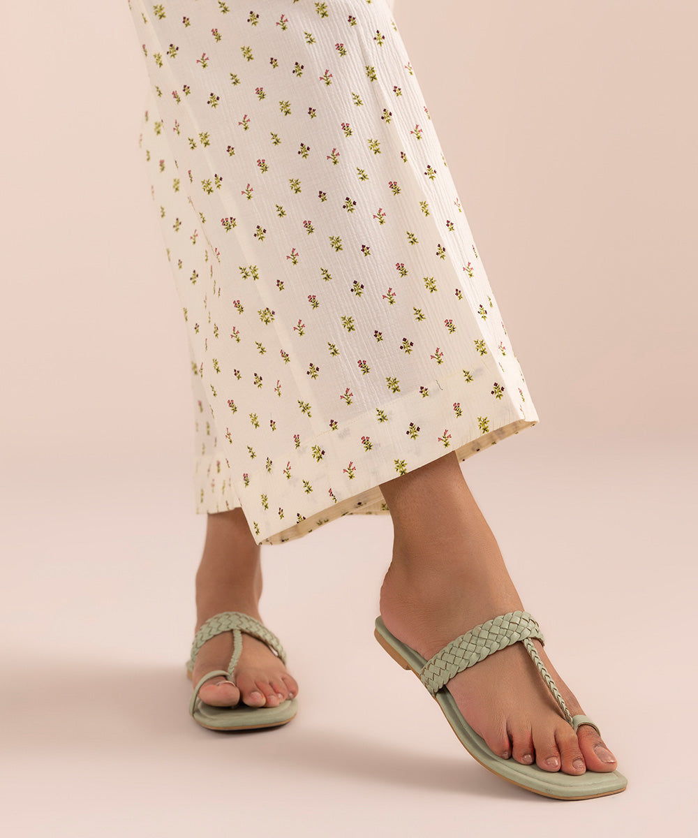 Women's Pret Seersucker Off White Printed Culottes