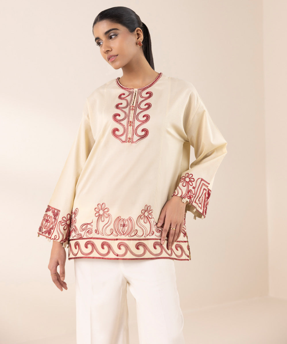 Women's RTW Dobby Off White Embroidered Boxy Shirt