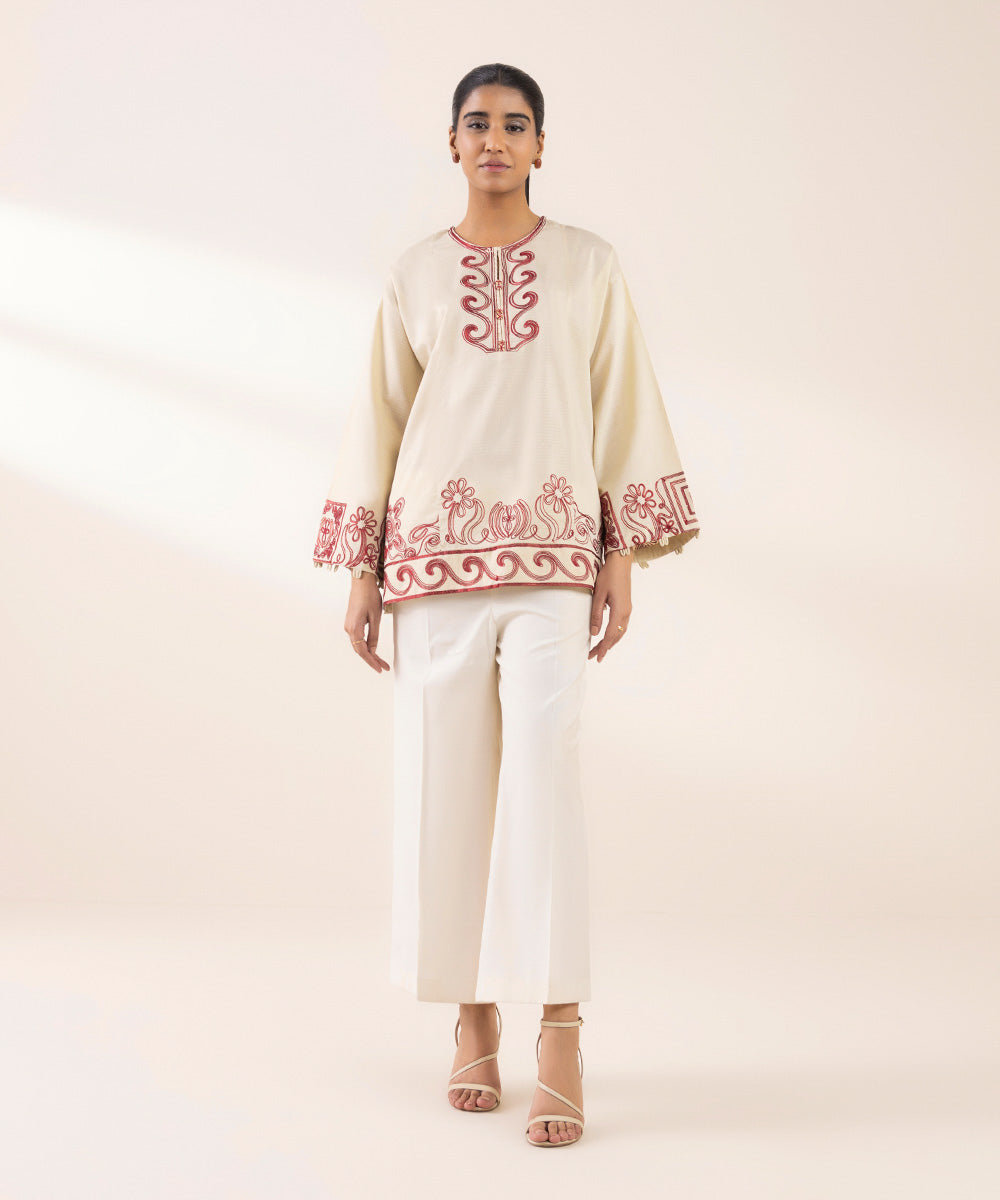 Women's RTW Dobby Off White Embroidered Boxy Shirt