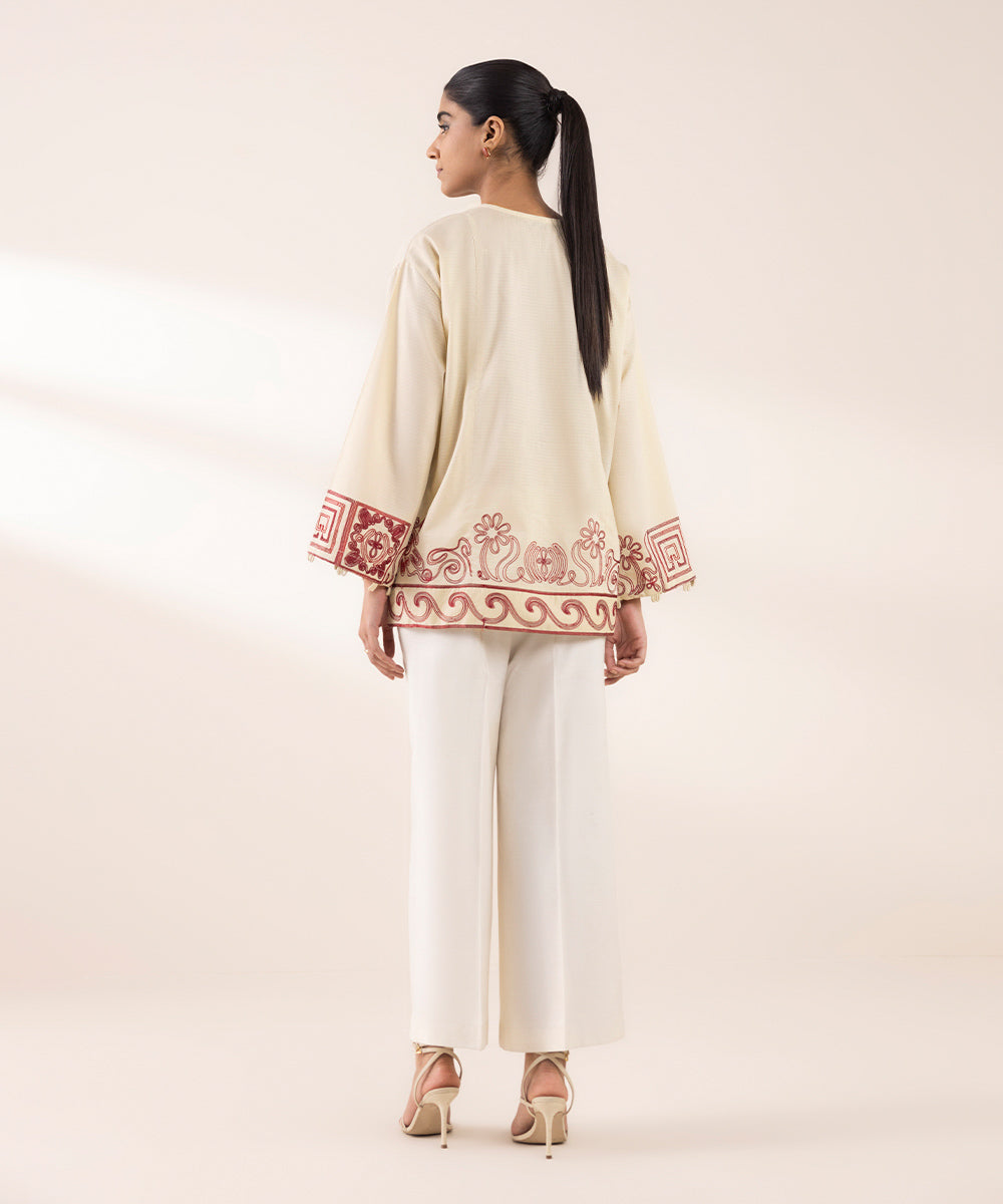 Women's RTW Dobby Off White Embroidered Boxy Shirt