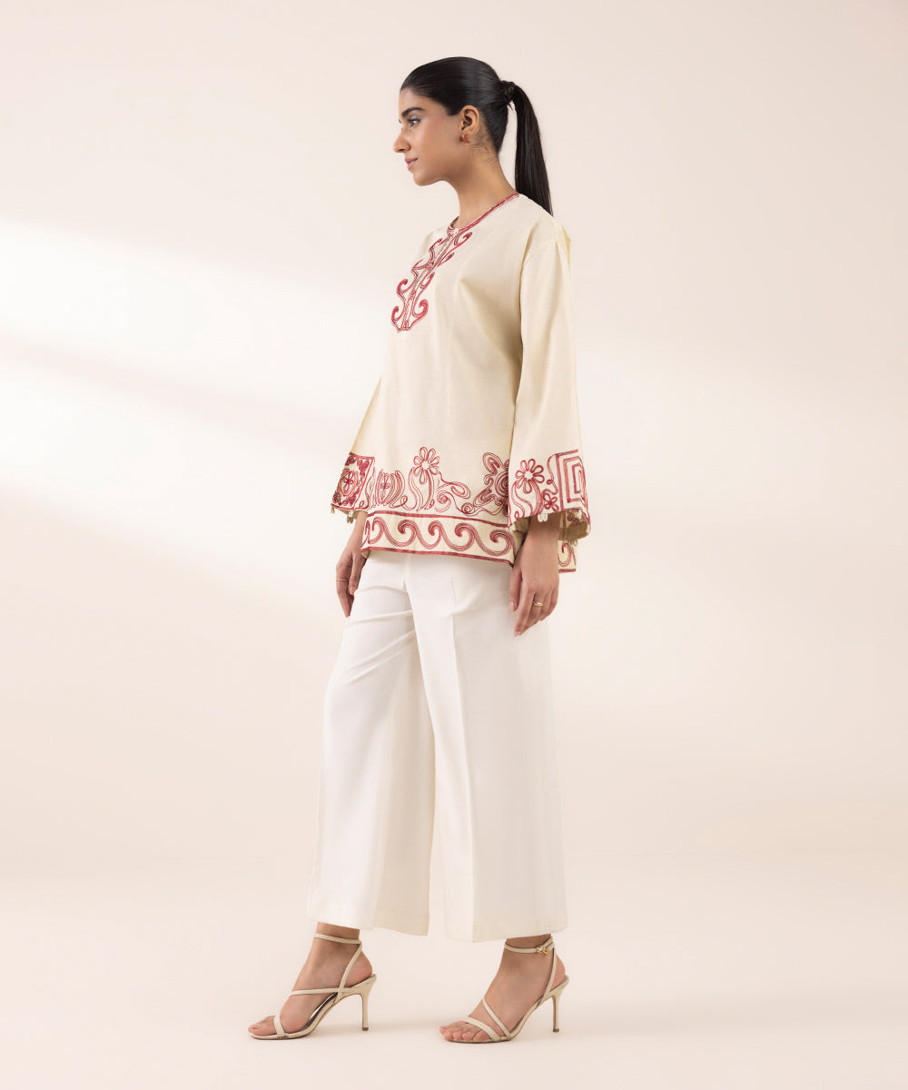 Women's RTW Dobby Off White Embroidered Boxy Shirt