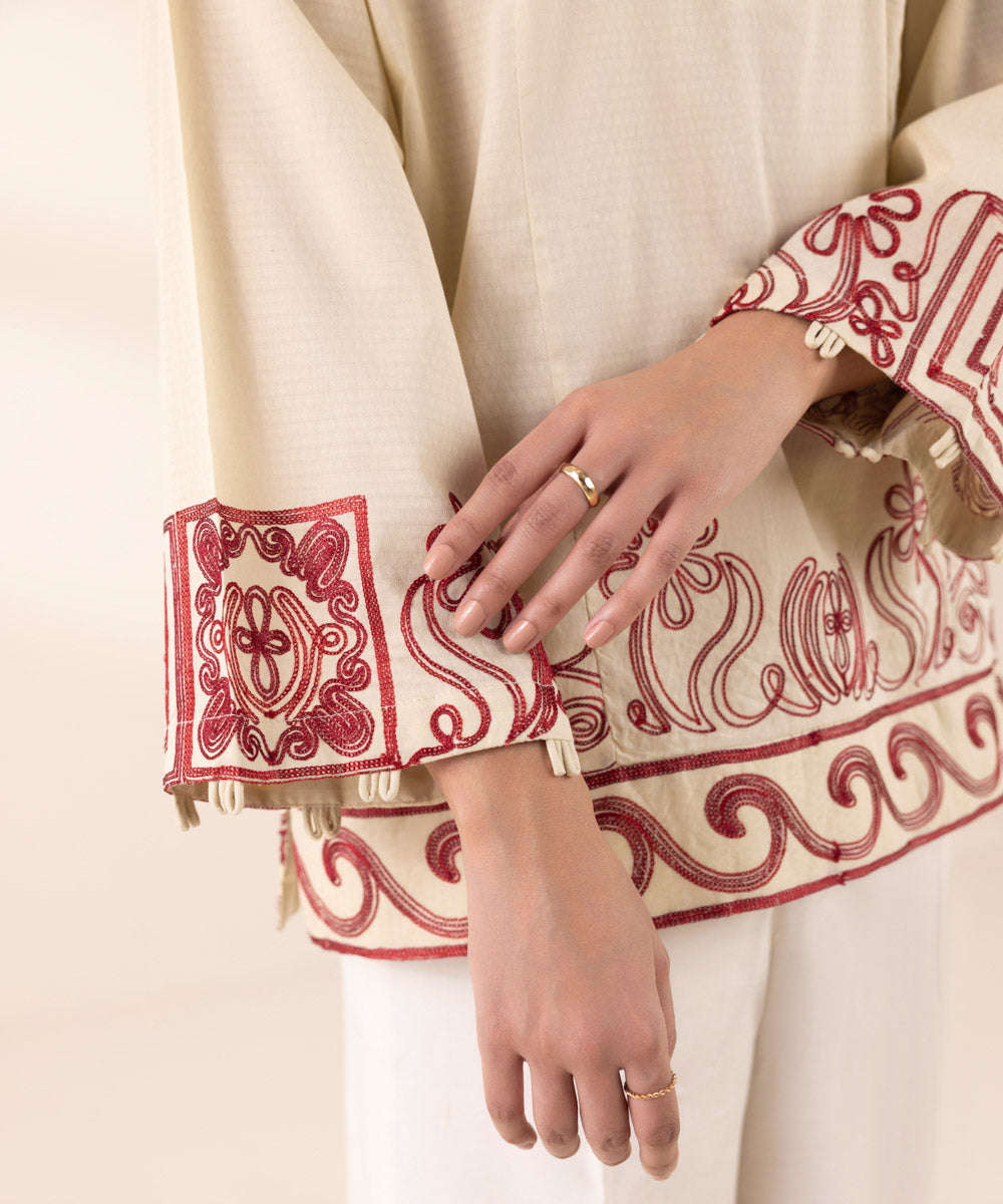 Women's RTW Dobby Off White Embroidered Boxy Shirt