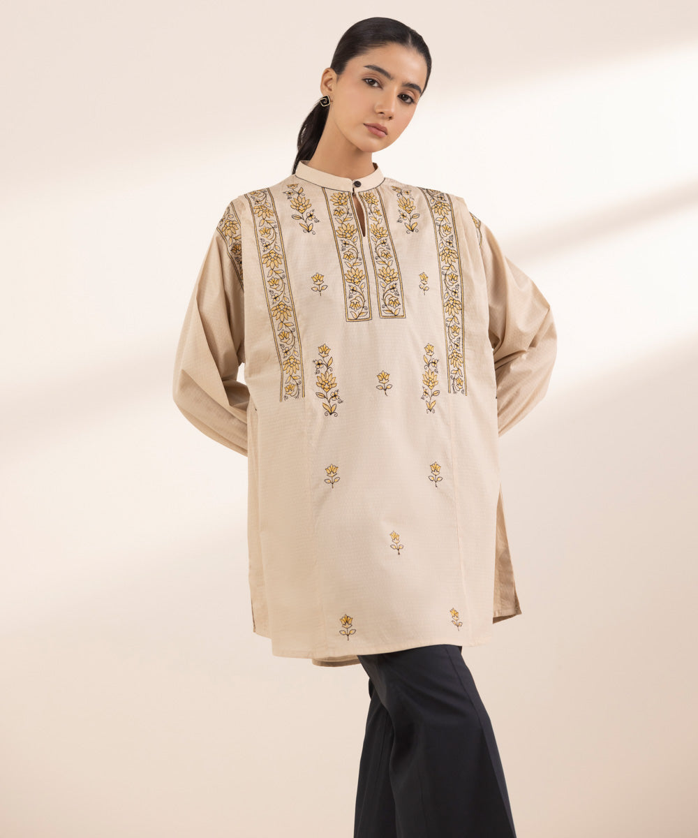 Women's RTW Dobby Beige Embroidered Boxy Shirt