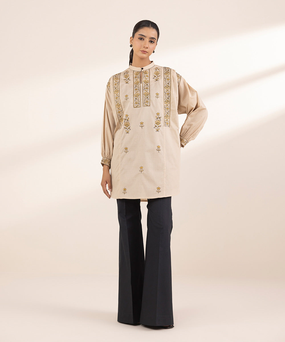 Women's RTW Dobby Beige Embroidered Boxy Shirt