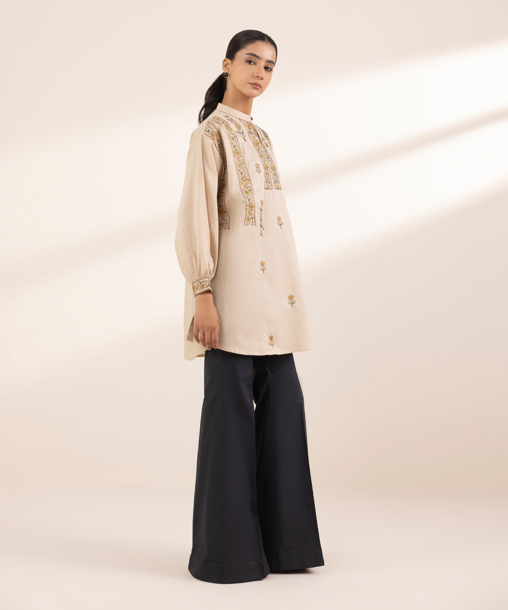 Women's RTW Dobby Beige Embroidered Boxy Shirt