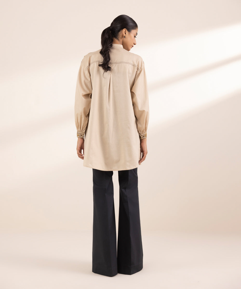Women's RTW Dobby Beige Embroidered Boxy Shirt