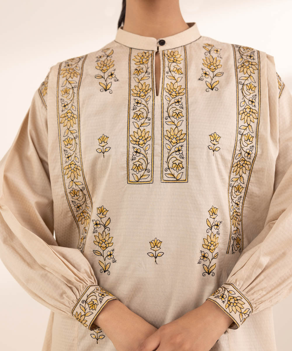 Women's RTW Dobby Beige Embroidered Boxy Shirt