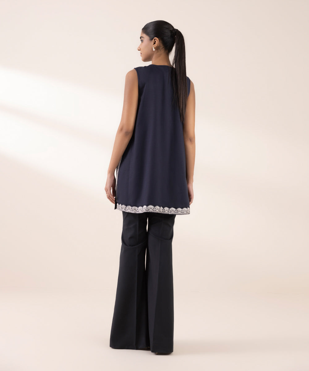Women's RTW Dobby Black Embroidered Front Open Shirt