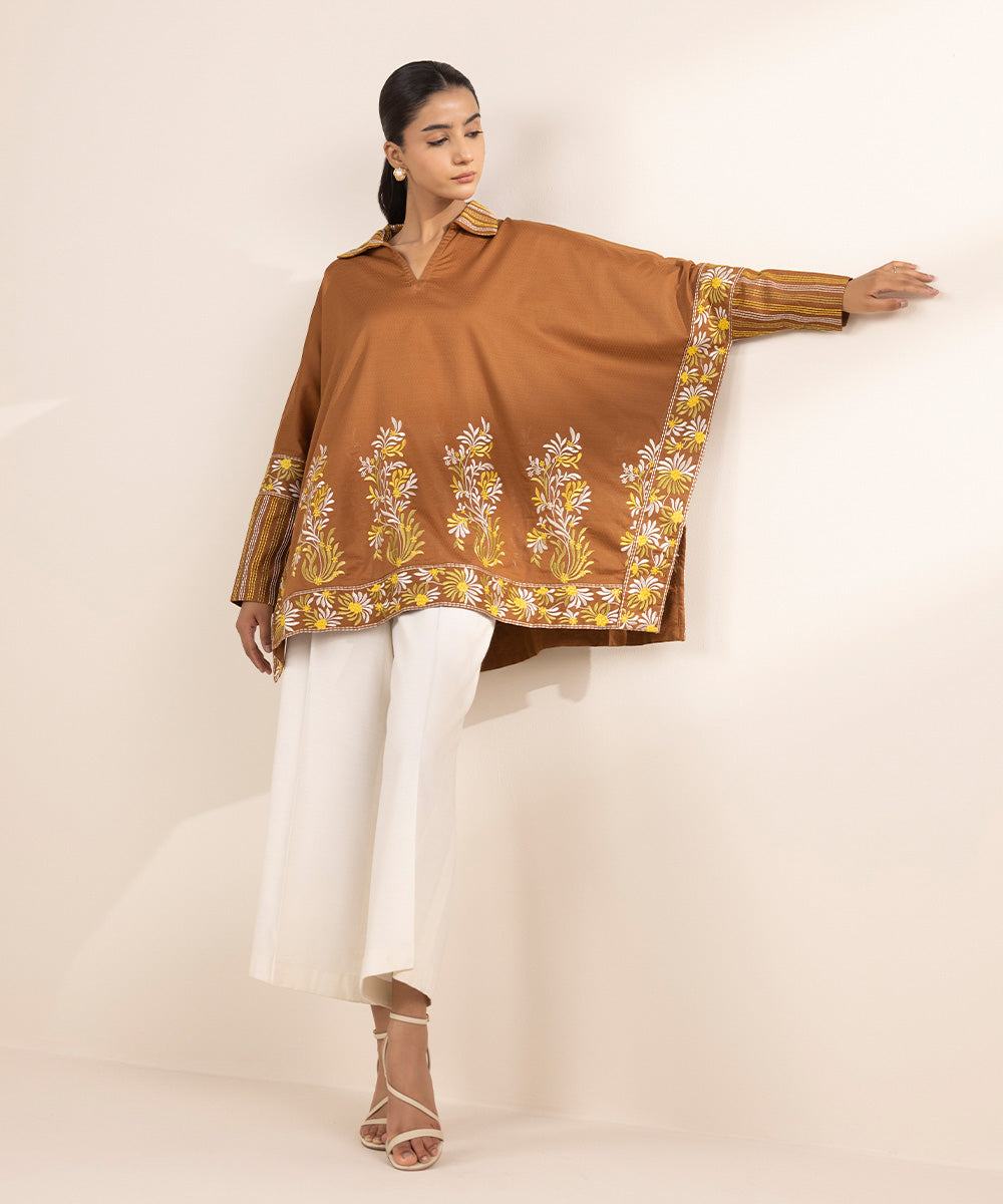 Women's RTW Dobby Brown Embroidered Drop Shoulder Shirt