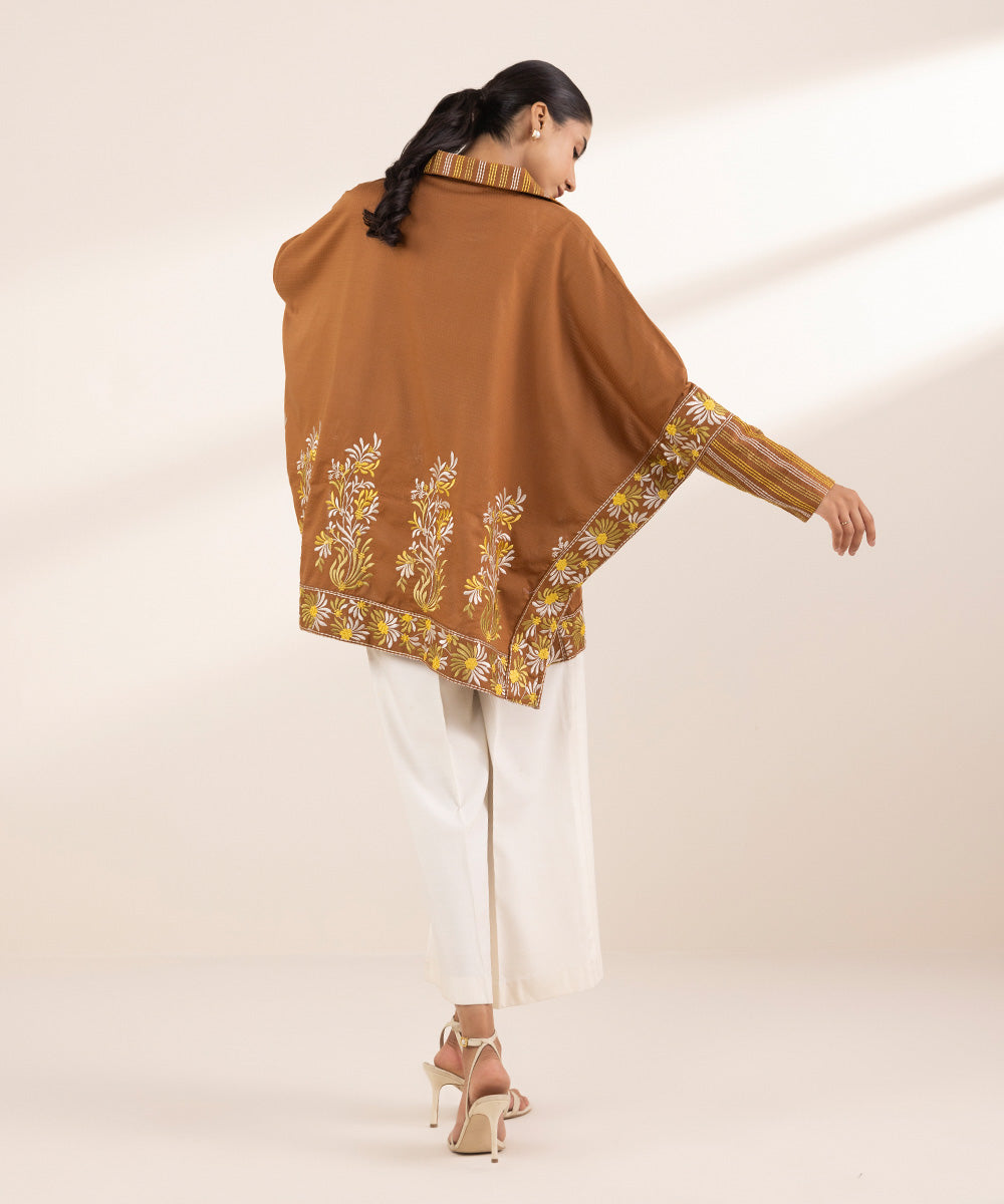 Women's RTW Dobby Brown Embroidered Drop Shoulder Shirt