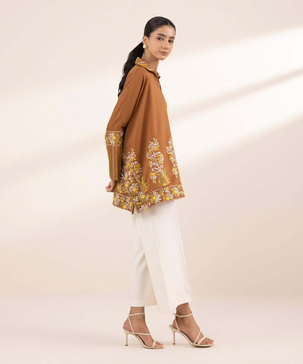 Women's RTW Dobby Brown Embroidered Drop Shoulder Shirt