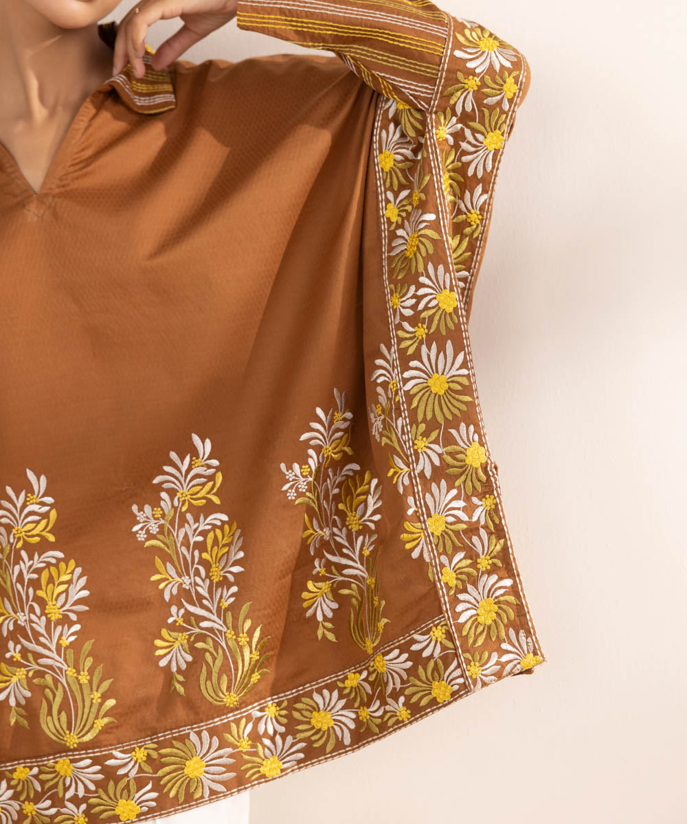 Women's RTW Dobby Brown Embroidered Drop Shoulder Shirt