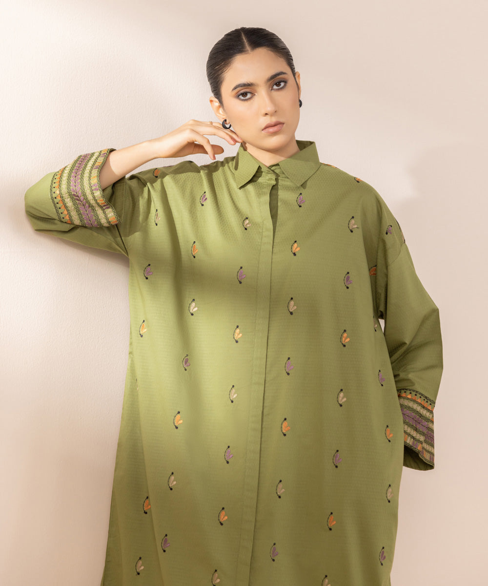 Women's Pret Dobby Solid Embroidered Green A-Line Shirt