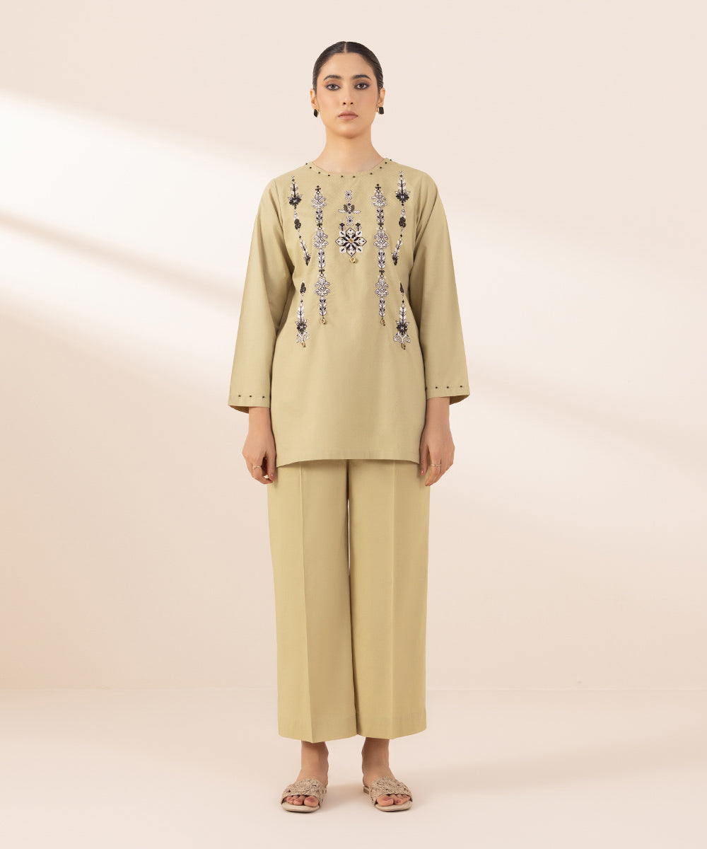 Women's Pret Dobby Beige Solid Embroidered A-Line Shirt