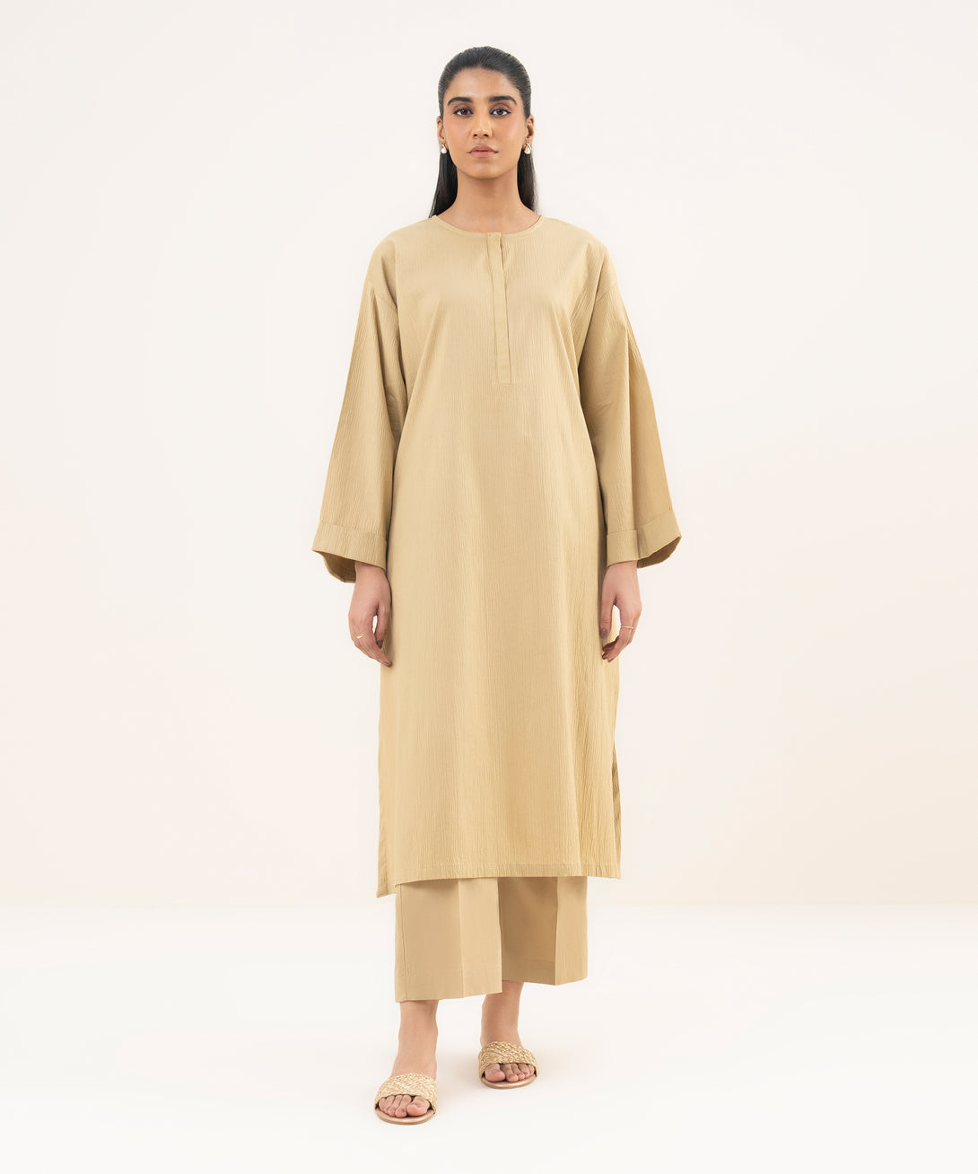 Women's RTW Seersucker Beige Solid Straight Shirt