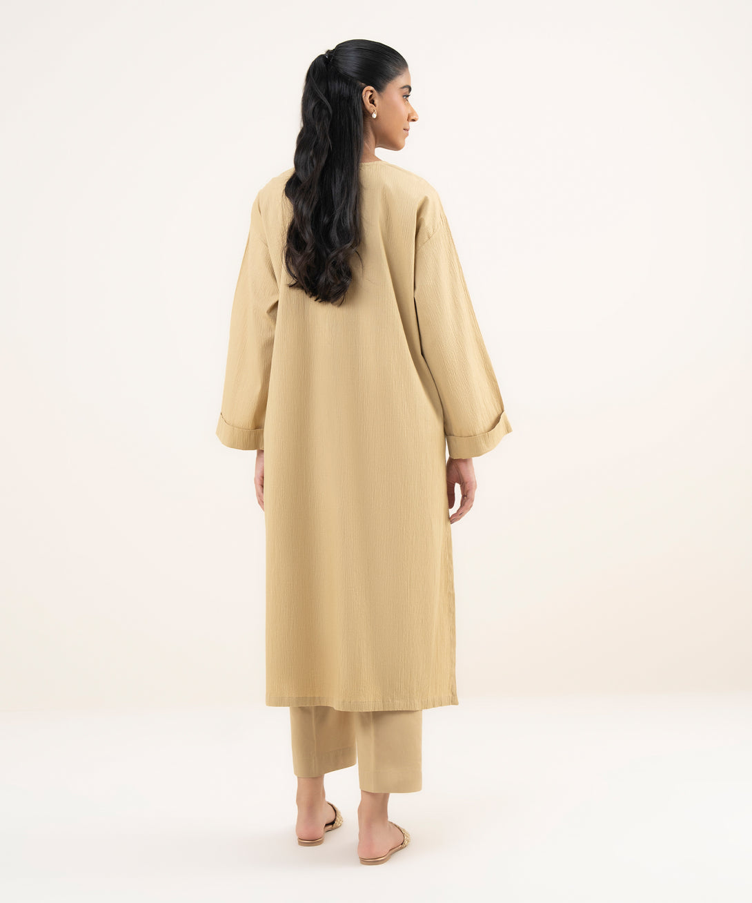 Women's RTW Seersucker Beige Solid Straight Shirt