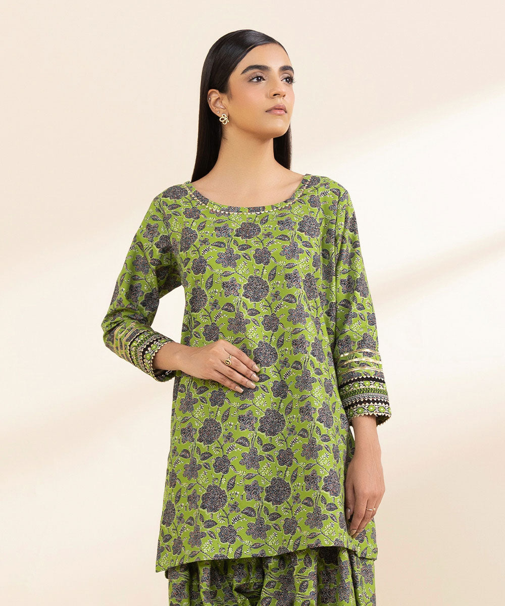 Women's Unstitched Cambric Green Printed Shirt 