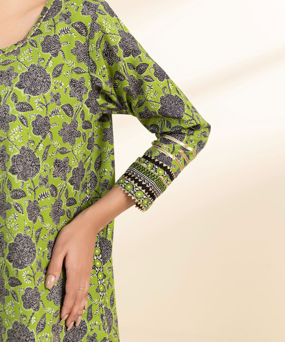 Women's Unstitched Cambric Green Printed Shirt 