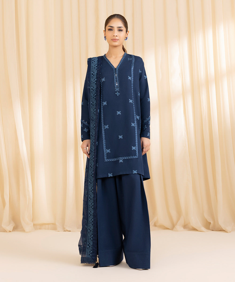 Women's Unstitched Cotton Karandi Blue 3 Piece Suit