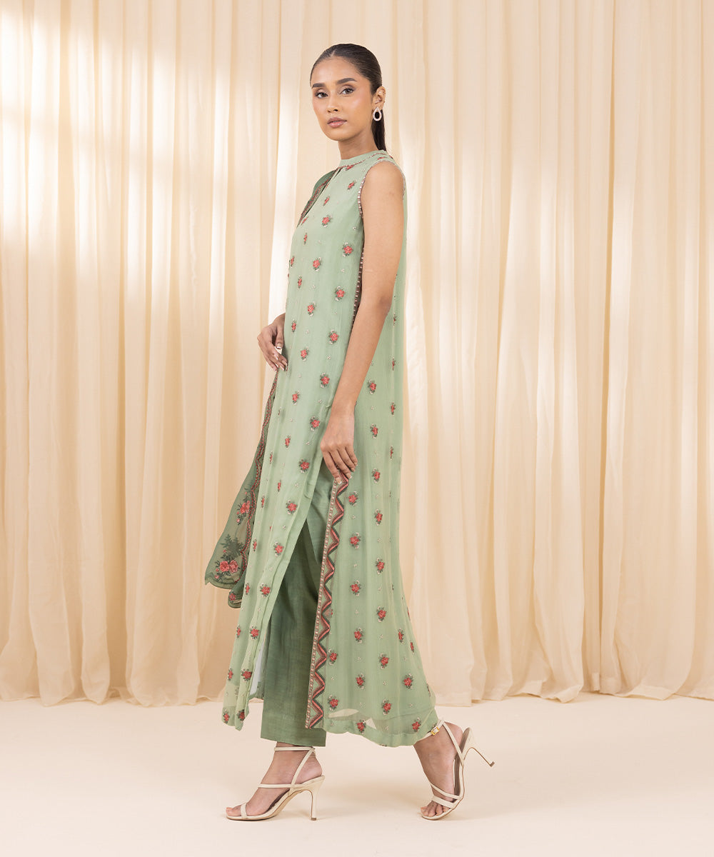 Women's Unstitched Blended Chiffon Green 3 Piece Suit