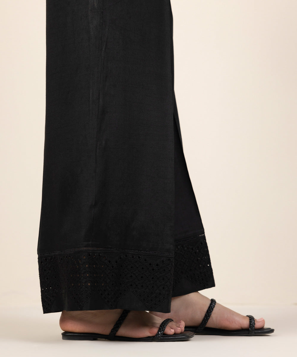 Women's Pret Viscose Raw Silk Embroidered Black Culottes