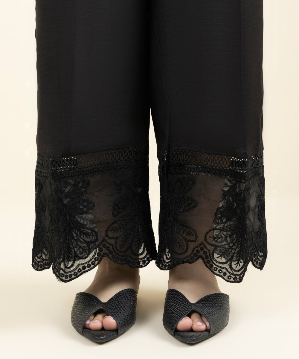 Women's Pret Viscose Raw Silk Embroidered Black Culottes