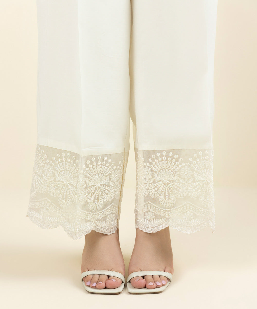 Women's Pret Viscose Raw Silk Embroidered White Culottes