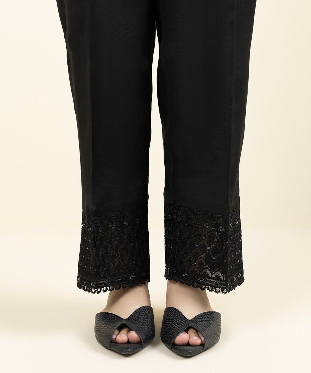 Women's Pret Viscose Raw Silk Embroidered Black Straight Pants