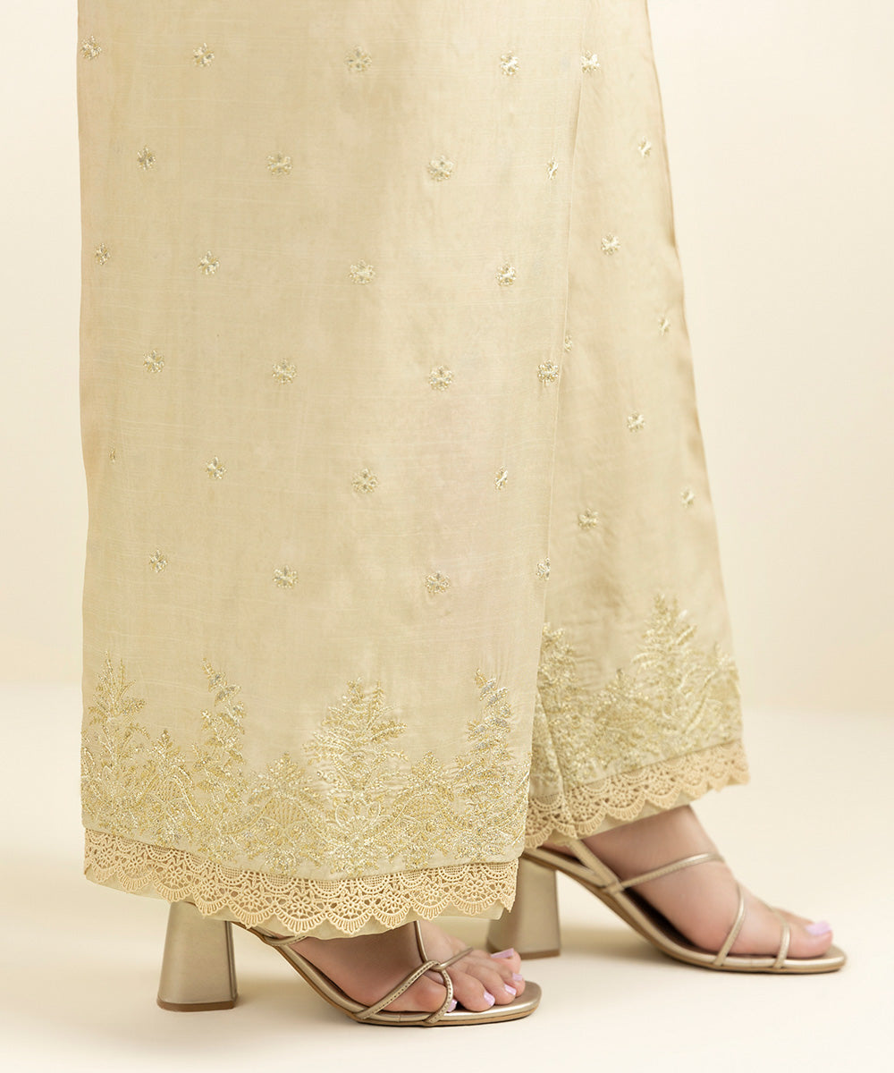 Women's Pret Viscose Raw Silk Embroidered Beige Culottes