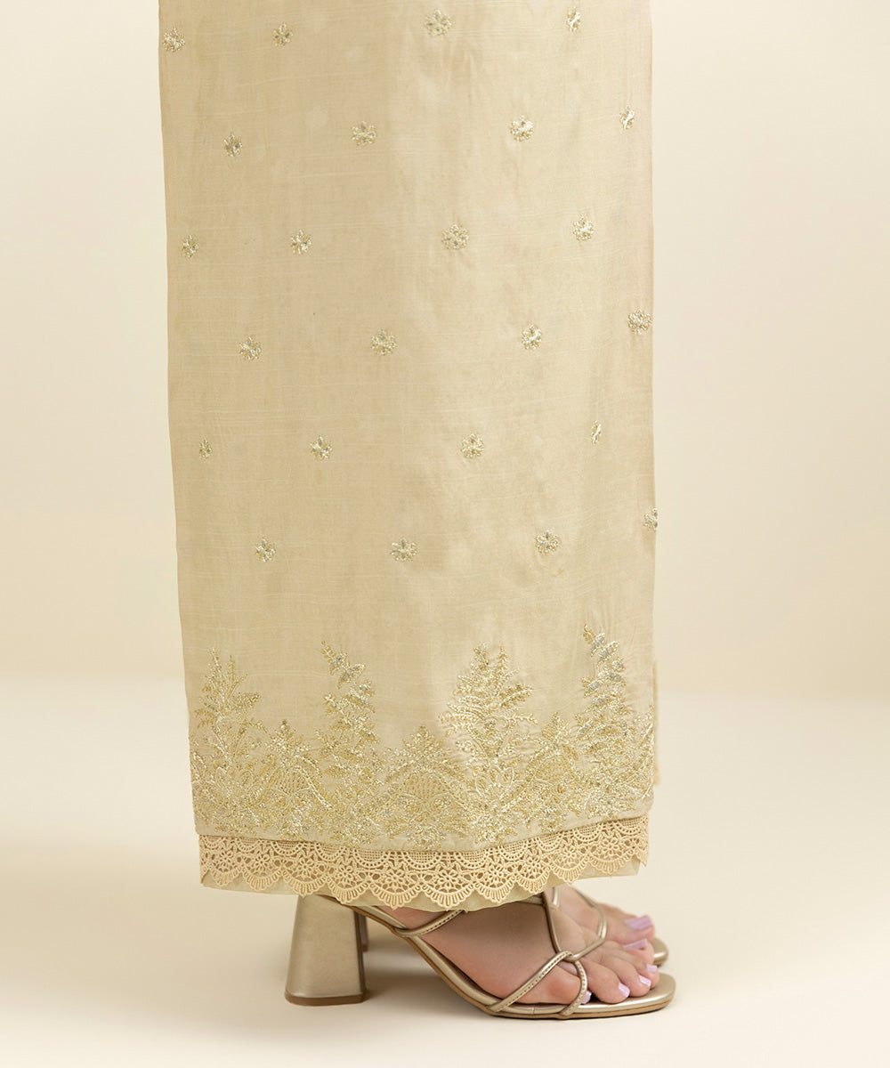 Women's Pret Viscose Raw Silk Embroidered Beige Culottes