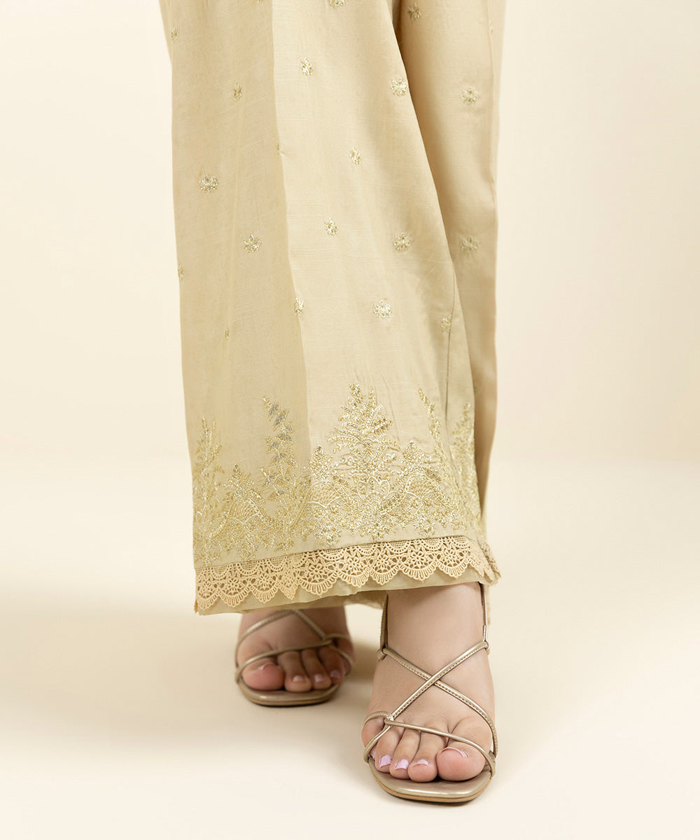 Women's Pret Viscose Raw Silk Embroidered Beige Culottes