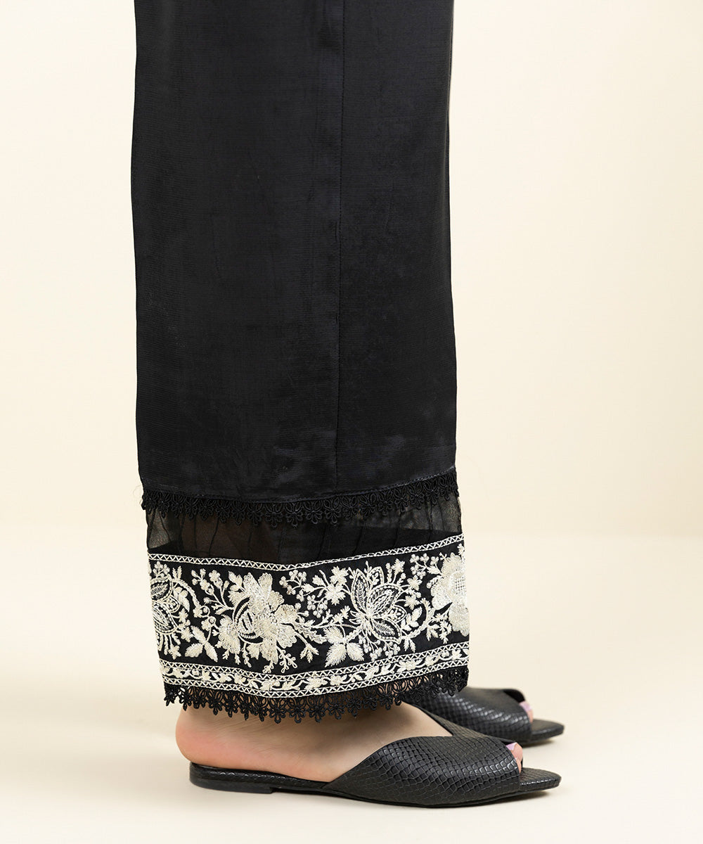 Women's Pret Viscose Raw Silk Embroidered Black Straight Pants