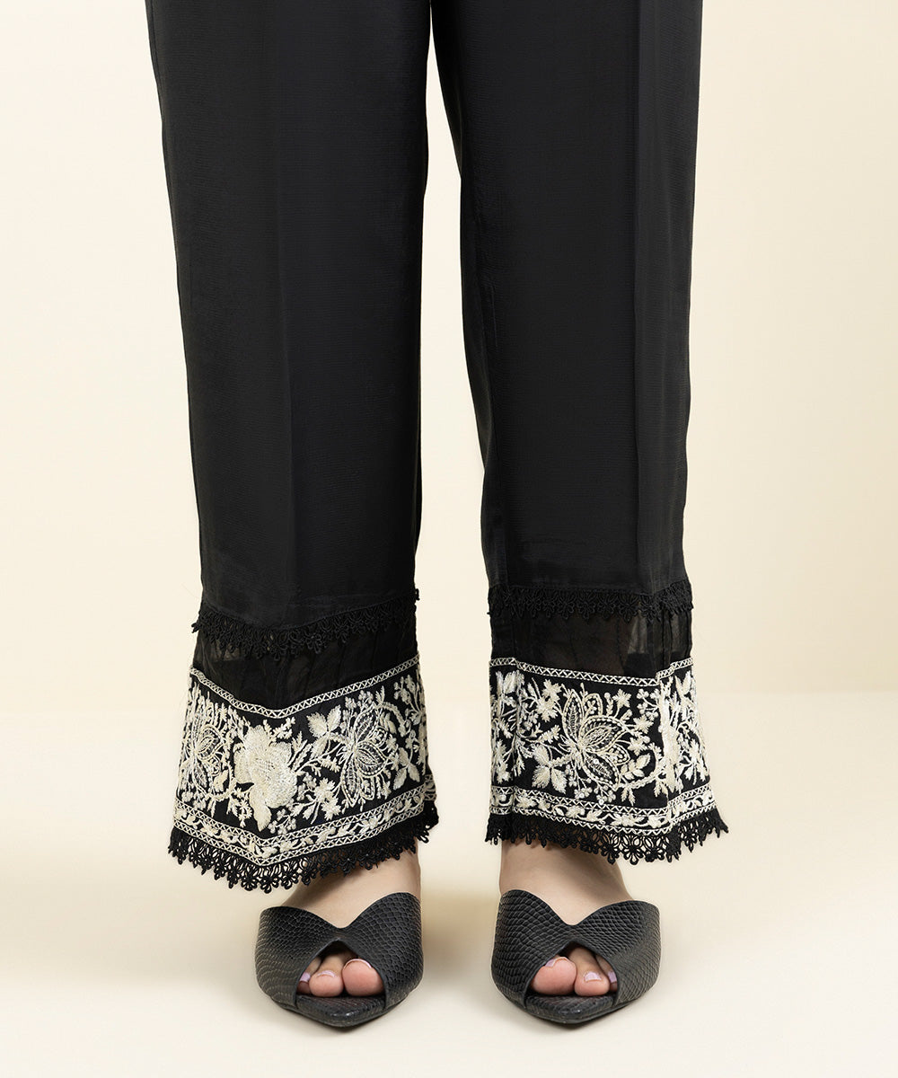 Women's Pret Viscose Raw Silk Embroidered Black Straight Pants